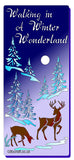 Winter wonderland with deer and trees for Christmas cards and crafts  Mother deer and her fawn in a snowy forest mountain scene with trees. The text reads "Walking in A Winter Wonderland"