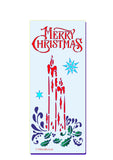 Christmas stencil with candles for cards and crafts  Decorative writing on this stencil with candles, snowflakes and holly .  The text reads "Merry Christmas"