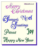 Stencil for Christmas cards  Titles read 'Merry Christmas', 'Seasons Greetings', 'Peace' , 'Happy New Year' and 'Joy'.