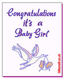 Stencil for new baby with image of a stalk carrying a baby reads "Congratulations it's a Baby Girl"