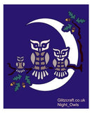 Stencil of 3 Night owls on a branch with the moon behind for cards and crafts