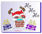 Christmas Stencil Text reads 'Ho Ho Ho' with an images of Santa's in chimney.