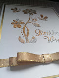 Birthday wishes Bee in gold and silver glitter paste  with a gold ribbon