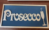 MDF - Prosecco Plaque / Wall Hanging example  decorated with blue paint and gold glitter paste